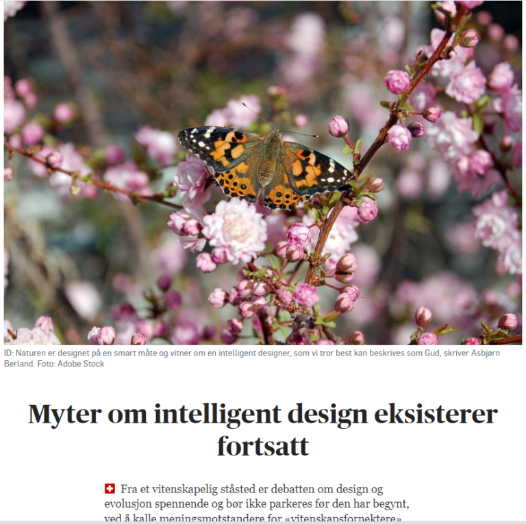 Skjermbilde fra www.dagen.no om myter om intelligent design.