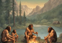 Slik mange ser for seg neandertalere, ute i naturen, foran et bål.
