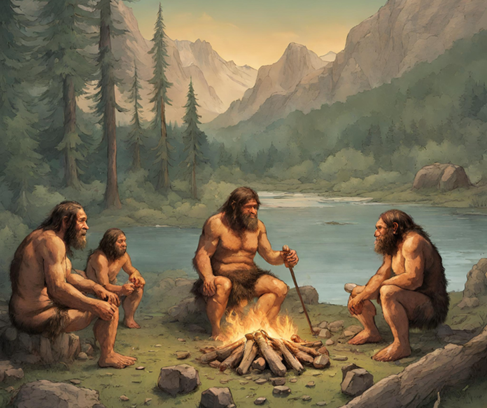 Slik mange ser for seg neandertalere, ute i naturen, foran et bål.